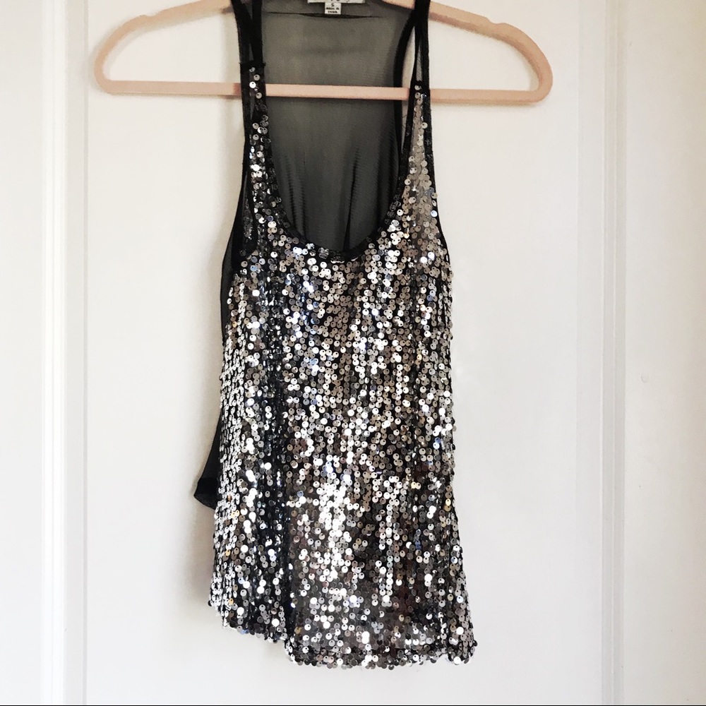 Silver metallic sequin cami top black mesh back